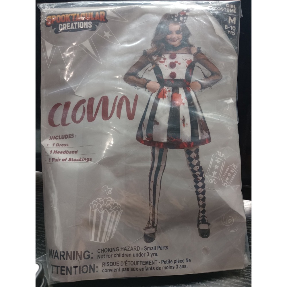 Spooktacular Creations Girls Clown Costume Size M 8-10 Halloween Dress Headband